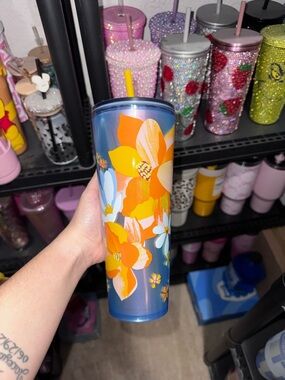 Starbucks Blue Floral Tumbler with Orange, Yellow and White Flowers
